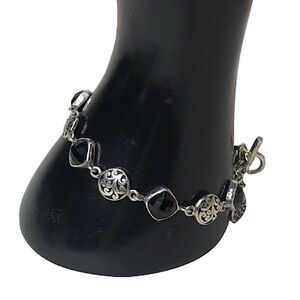 LOIS HILL Alternating Cushion Cut Onyx Links & Sterling Silver Cut Out Bracelet